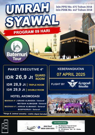 Paket Umroh Excecutif Syawal ,Kereta Cepat ,  Btt - Dena, 9 hari, Keberangkatan 7 April 2025 